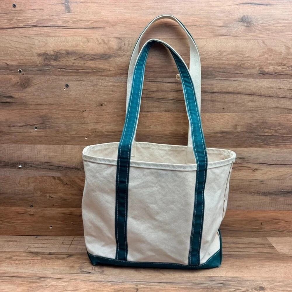 Vintage LL bean Canvas Tote Bag in Cream with Green Trim